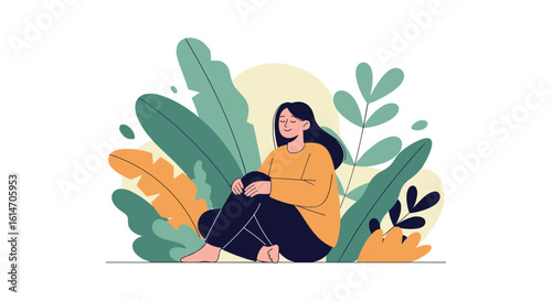 Young woman sitting outdoors surrounded by lush greenery and yellow foliage enjoying a peaceful moment