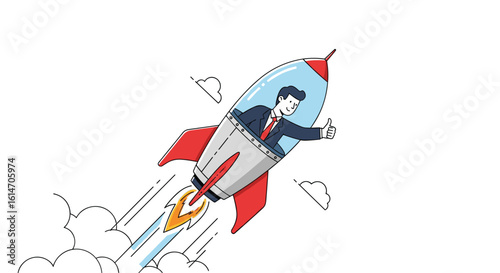 A determined businessman embarks on a high-speed journey in a rapidly ascending rocket ship with smoke trails indicating fast movement and success