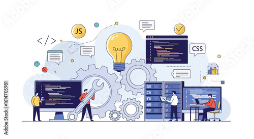 Innovative software development team collaborating on new project ideas and solutions with futuristic technology elements