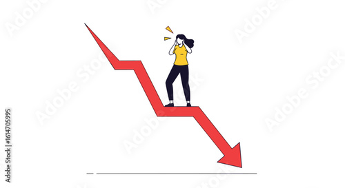 Woman shocked by steep financial decline graphic showing falling arrow and negative trend