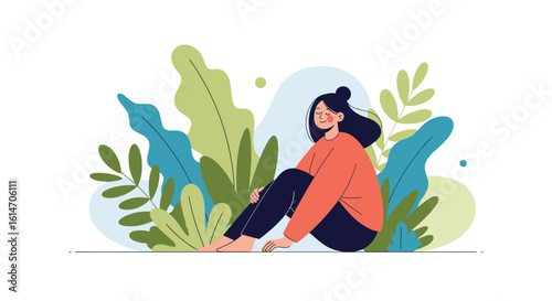 A young woman sits peacefully surrounded by lush green plants and foliage in a serene natural setting illustration