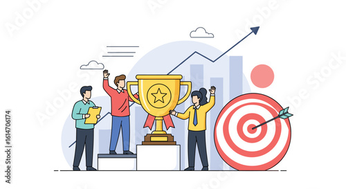 Achieving business goals and celebrating success with teamwork and strategic planning leading to growth
