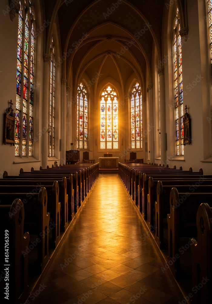Fototapeta premium Sacred Sunbeam Illuminates the Aisle of a Majestic Gothic Cathedral