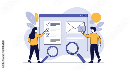 Two people working on a website design checklist with magnifying glasses examining the details of the webpage layout and content elements