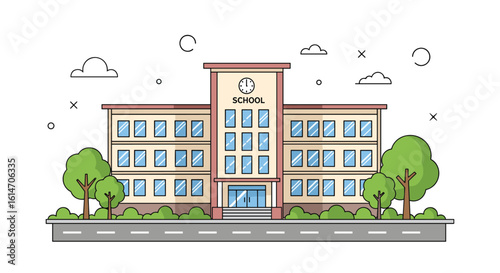 Vibrant illustration of a modern school building with lush green trees and a paved road under a bright sky