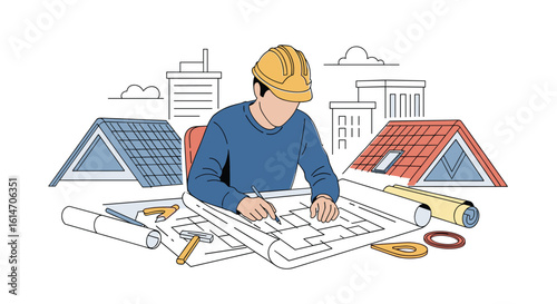 Skilled architect collaborating on building designs with blueprints and construction tools demonstrating expertise in engineering and project planning
