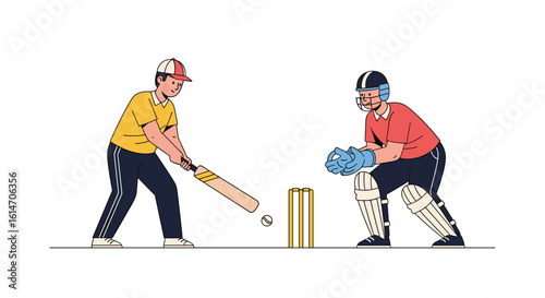 Two men playing cricket on white background with bat ball and wicket in action during a match