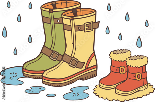 Cartoon Rain Boots in Puddles Illustration on Transparent Background