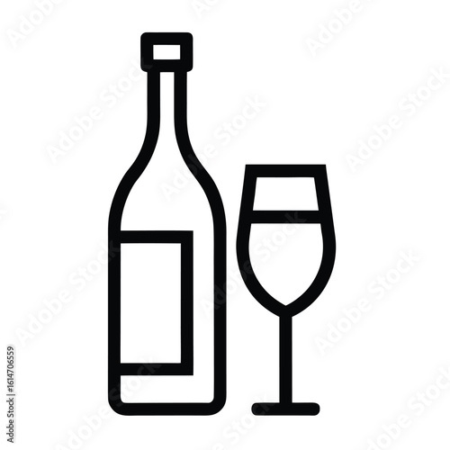Black outline icon of wine bottle and wine glass on white background drink beverage