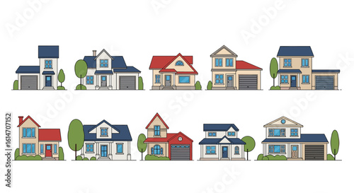 Collection of pixelated suburban residential houses showing diverse architectural styles and designs