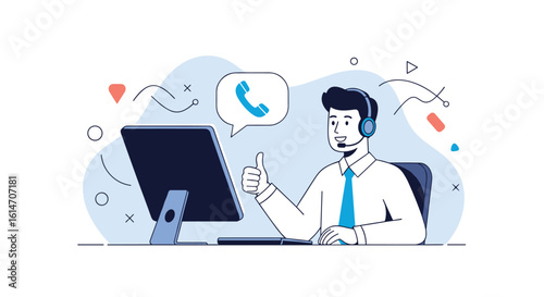 Customer service representative wearing headphones and smiling while working at a computer and talking on the phone