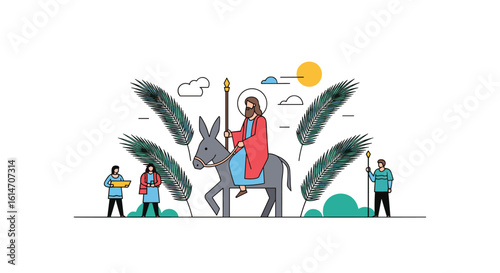 A peaceful procession on a donkey depicting a religious figure with supporters holding branches