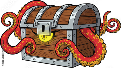 Treasure chest with octopus tentacles, mysterious pirate loot, fantasy illustration, underwater secrets, glowing eerie design, marine adventure, cartoon style