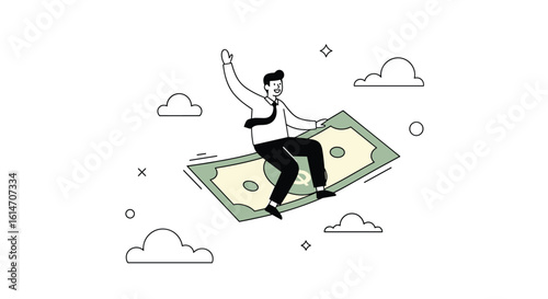 Illustrating the concept of financial freedom and success as a person rides a flying dollar bill towards a brighter future