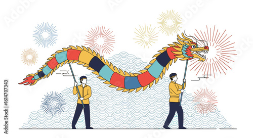 Colorful dragon dance celebrates lunar new year traditions with festive fireworks display