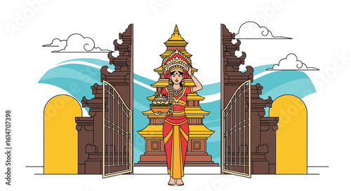 A traditional balinese dancer greets visitors at a majestic temple entrance