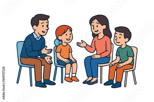 Cartoon family having a therapy session sitting in a circle in chairs in a modern flat illustration style on white