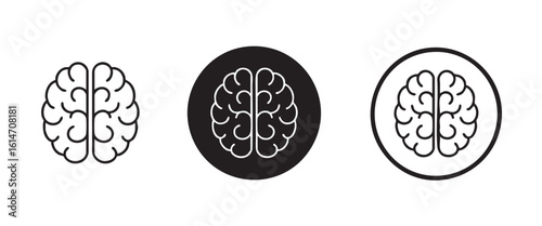 Three minimalist brain icons black and white outline and solid circle human brain mind