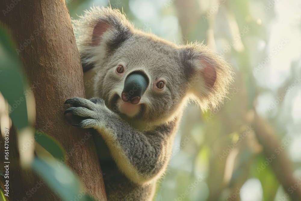 Obraz premium Wild koala clings to a tree surrounded by lush greenery in the sunlight, Adorable, Wild Koala Clings to a Tree, with Nature Sounds