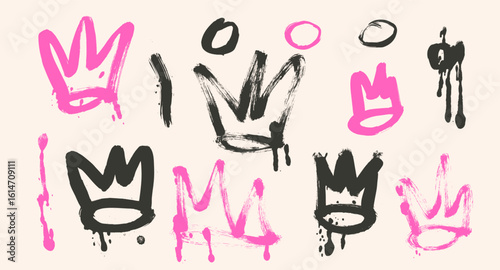 Hand drawn girly crowns set. Spray paint king and queen elements with splatter drops on beige background. Grunge brush textured crown shapes with painted splashes. Urban street vector illustration.