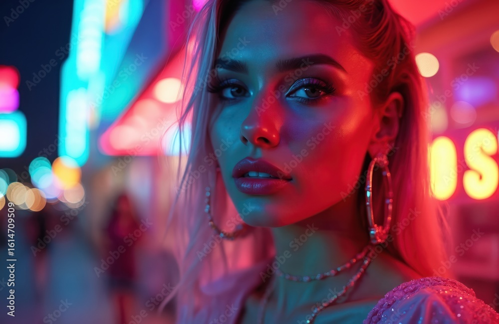 Fototapeta premium Stylish woman with blonde hair, makeup poses confidently in vibrant Las Vegas neon lights. Evening portrait captures urban nightlife, colorful atmosphere, sparkling entertainment scene. Glamour,