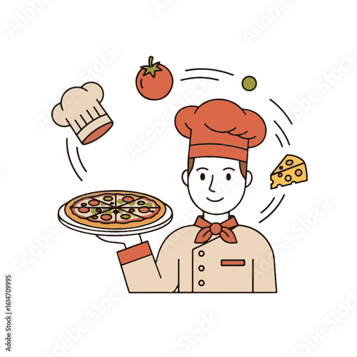 Cheerful chef holding pizza with food icons