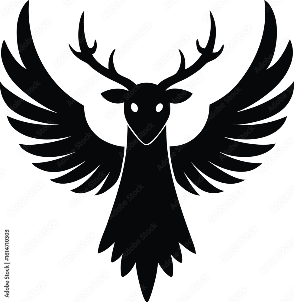 Fototapeta premium Reindeer with Large Feathered Crow-Like Wings