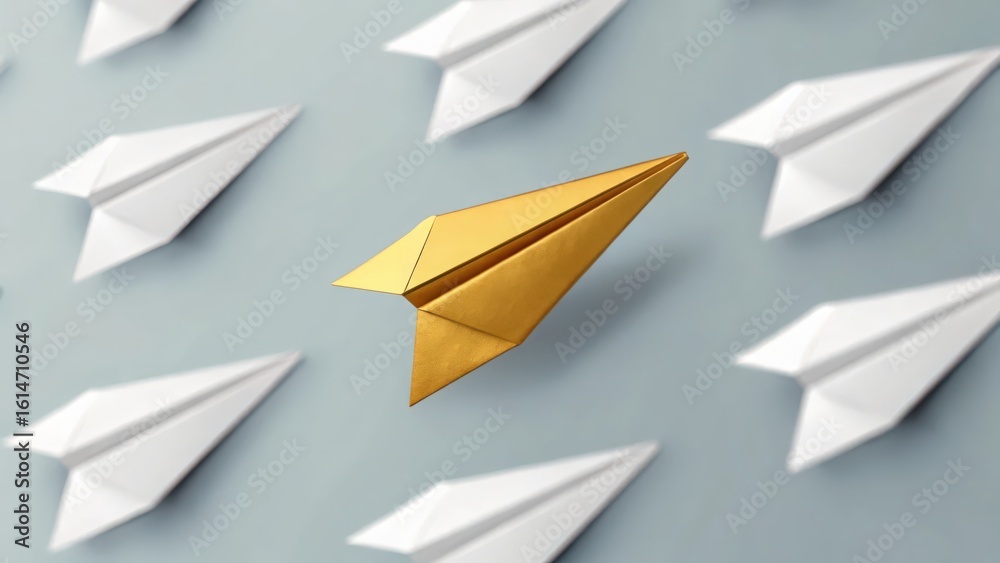 Fototapeta premium One golden paper plane flying above others — rising above the competition concept 