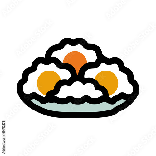 Bold Outline Illustration of Three Wavy Fried Eggs on a Plate