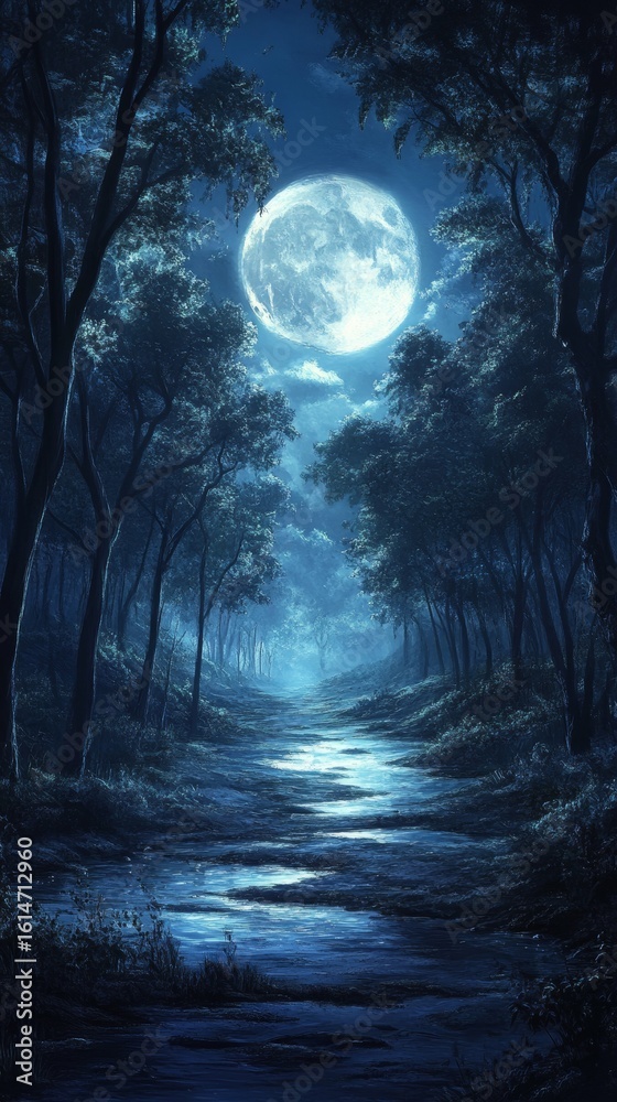 Fototapeta premium Full Moon Shining Over Forest Path at Night