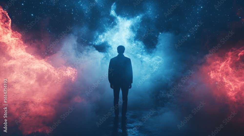 Fototapeta premium A lone man stands in the middle of a swirling nebula of red and blue smoke, facing the viewer, against a background of stars.