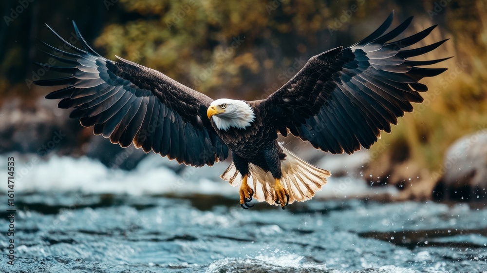 Fototapeta premium A majestic bald eagle in flight over a rushing river, its wings spread wide, claws extended.