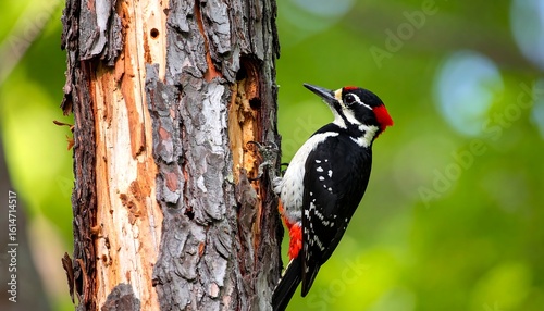 A woodpecker clings to a tree, its red crest and black and white plumage highlighted against a blurred green background
