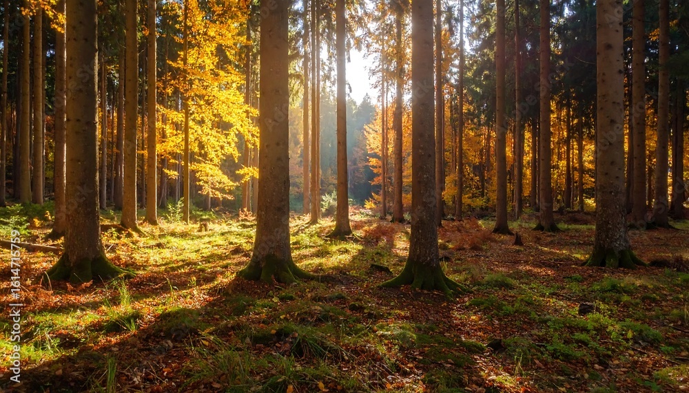 Obraz premium Sunlight filtering through autumn trees