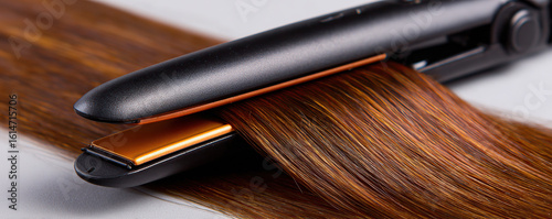 Hair straightener smoothing shiny brown hair in a modern setting during daytime