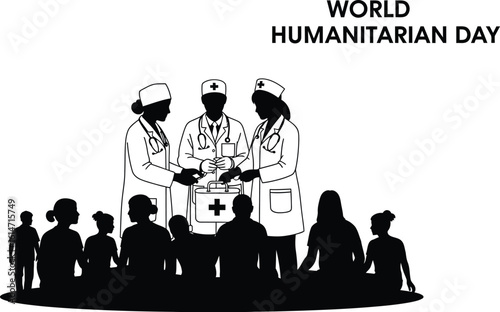 Illustration of world humanitarian day featuring doctors, nurses, and people, symbolizing aid, support, and global solidarity