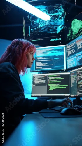 Timelapse of a programmer writing code on multiple monitors with AR overlays and cyberpunk lighting
