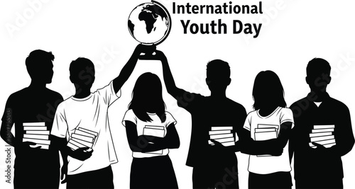 A group of students holding books and a globe celebrate international youth day, a vector illustration