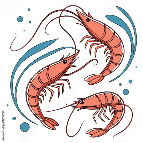 Cartoon red shrimp and other fresh seafood vector illustrations