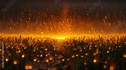 Golden rain falls over a field of wheat, creating a luminous scene.