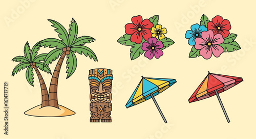 Illustration of tropical elements: palm trees on sand, tiki statue, flower bouquets, and beach umbrellas.