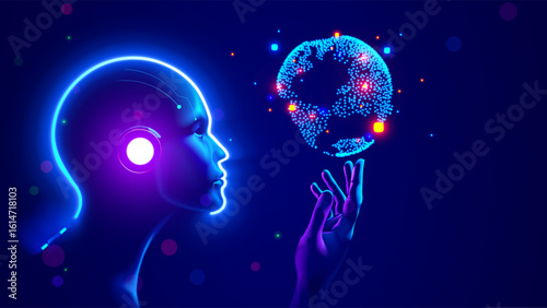 AI. AGI. Artificial intelligence in human face or head concept. Glowing neon silhouette of the head of a Artificial Intelligence or AGI on a blue background looks carefully at the Earth in his hand.