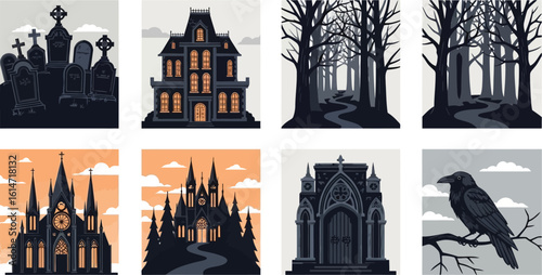 Halloween-themed silhouettes of spooky buildings, graveyards, and trees, creating a dark and eerie atmosphere.
