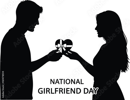A silhouette illustration of national girlfriend day featuring a couple holding heart shaped objects