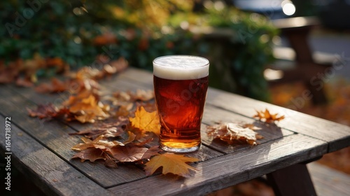 Amber ale glass on rustic table amidst autumn leaves outdoors in sunlight
