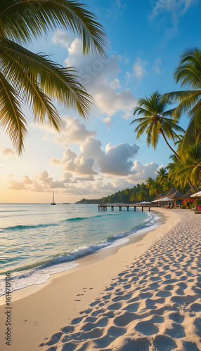 Tranquil tropical beach sunset with swaying palm trees and powdery white sand shoreline