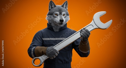 Wolf mechanic holding a wrench ready to tackle tough jobs, vibrant orange background, dynamic and confident
