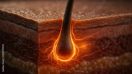 Intricate Visual Representation of Human Skin Layering with a Focus on Hair Follicles and Radiating Energy Lines Illustrating Biological Processes Beneath the Surface