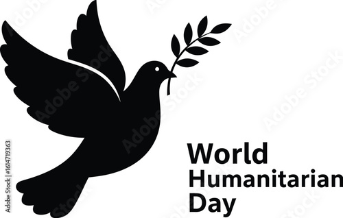 Silhouette of a dove carrying an olive branch for world humanitarian day, symbolizing peace and aid