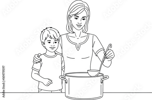 Mother and son happily preparing food together in the kitchen
